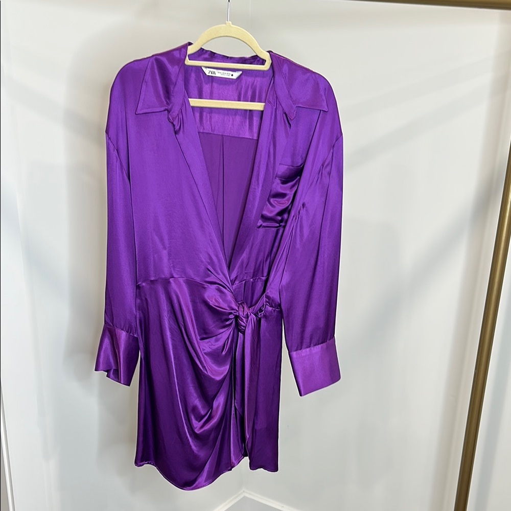 Zara- Purple Satin Dress with Knot Detail